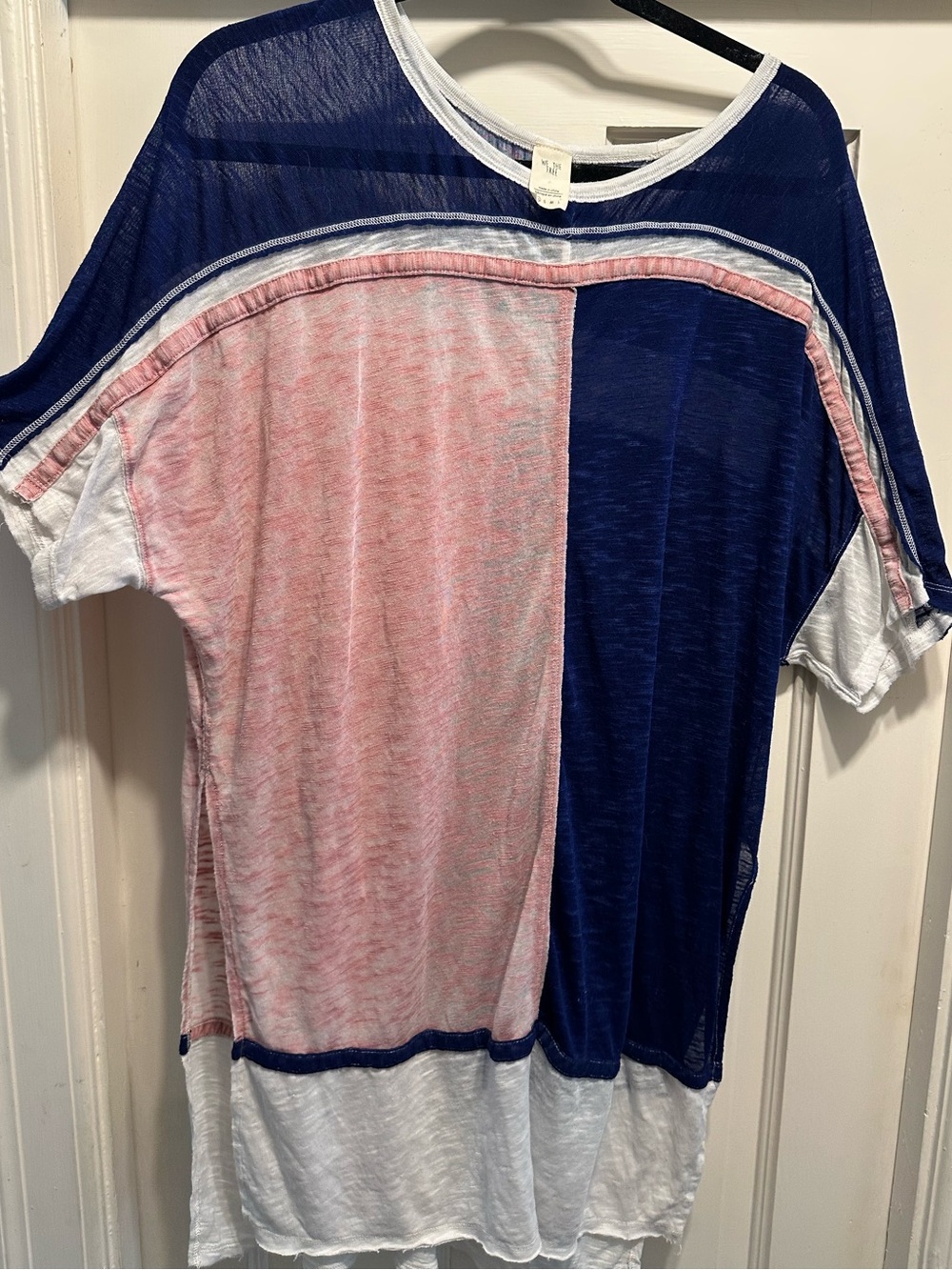 Free People Colorblock Sheer Tunic Top in Navy, Pink & Whit